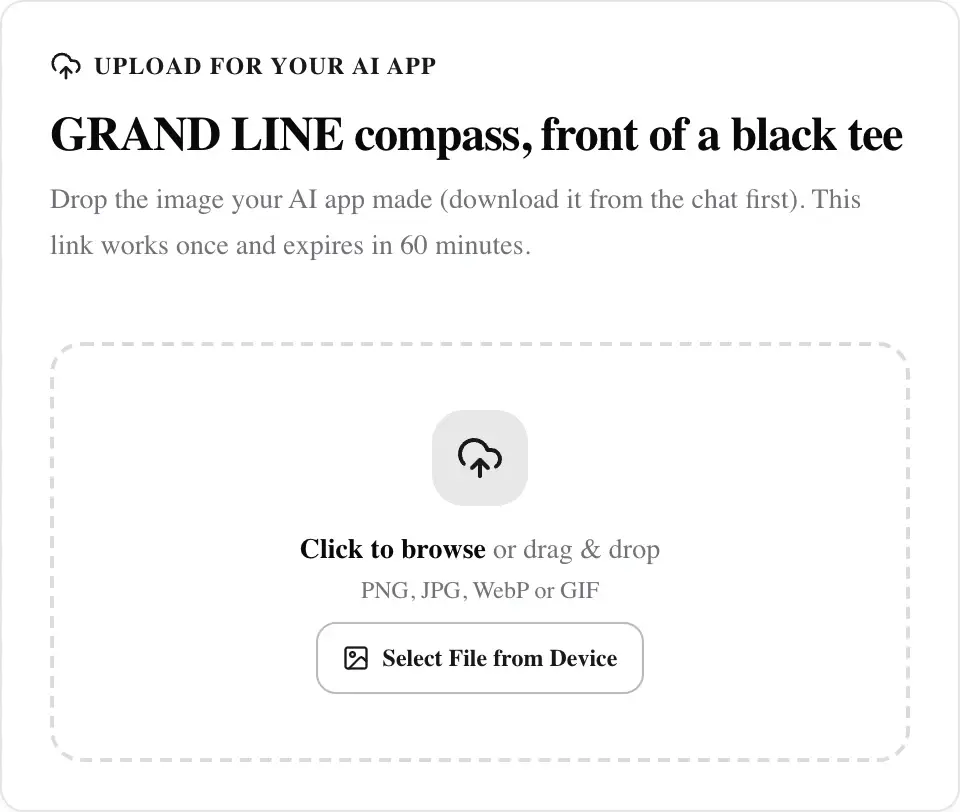 A one-time Printgram upload page: drop the image your AI app made, or click to browse.